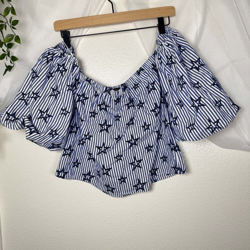 Blue White Striped Star Embroidered Off-Shoulder Puff Sleeve Crop Top Americana